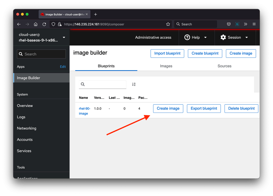 Screenshot of Image Builder "Create image" button